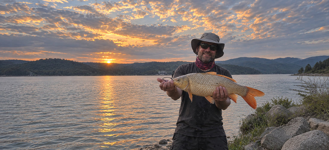 Angler holding a prize carp at sunset with YBB fishing tackle